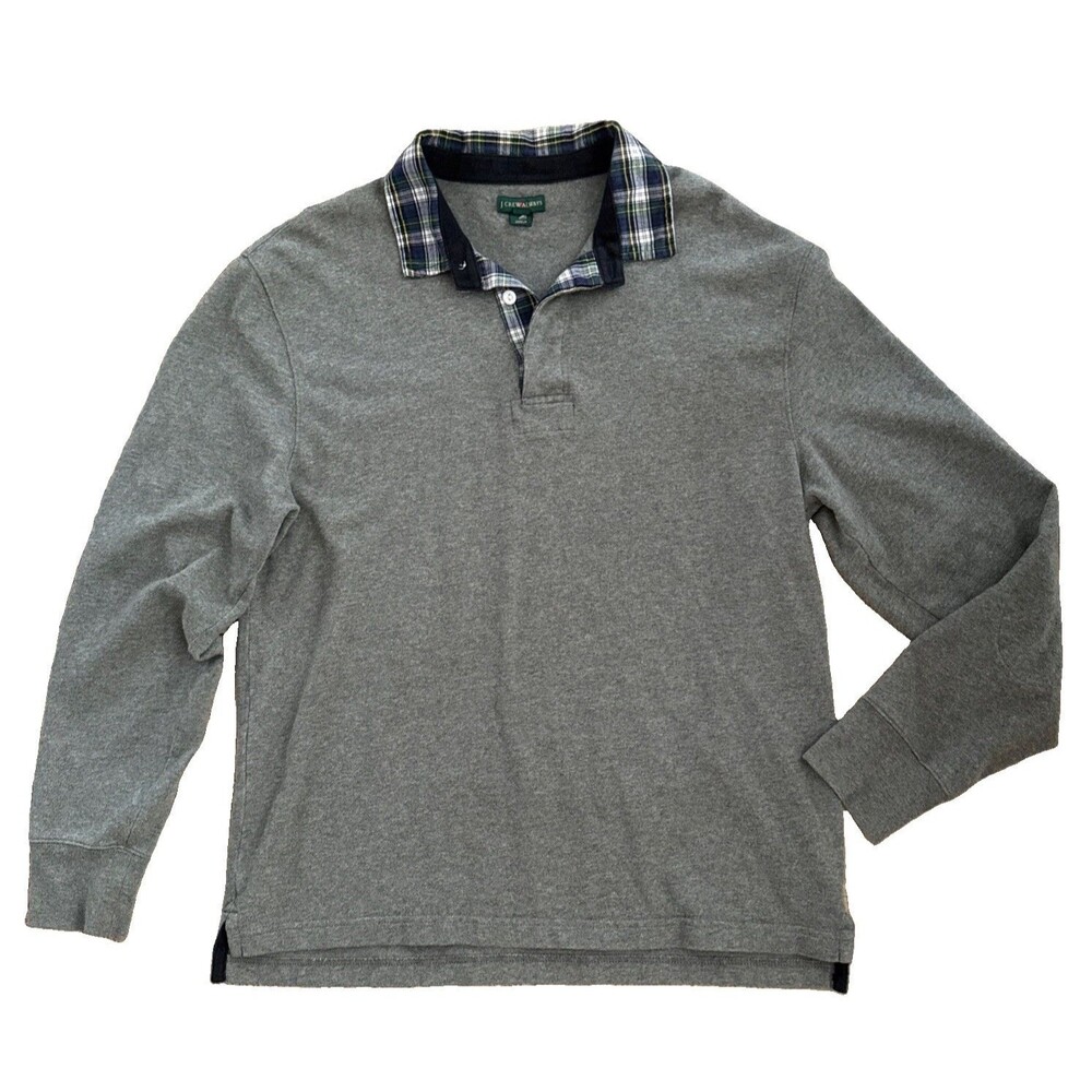 J Crew Always VTG Rugby Shirt Tartan Flannel Collar Mens Sz M Gray Elbow Patches